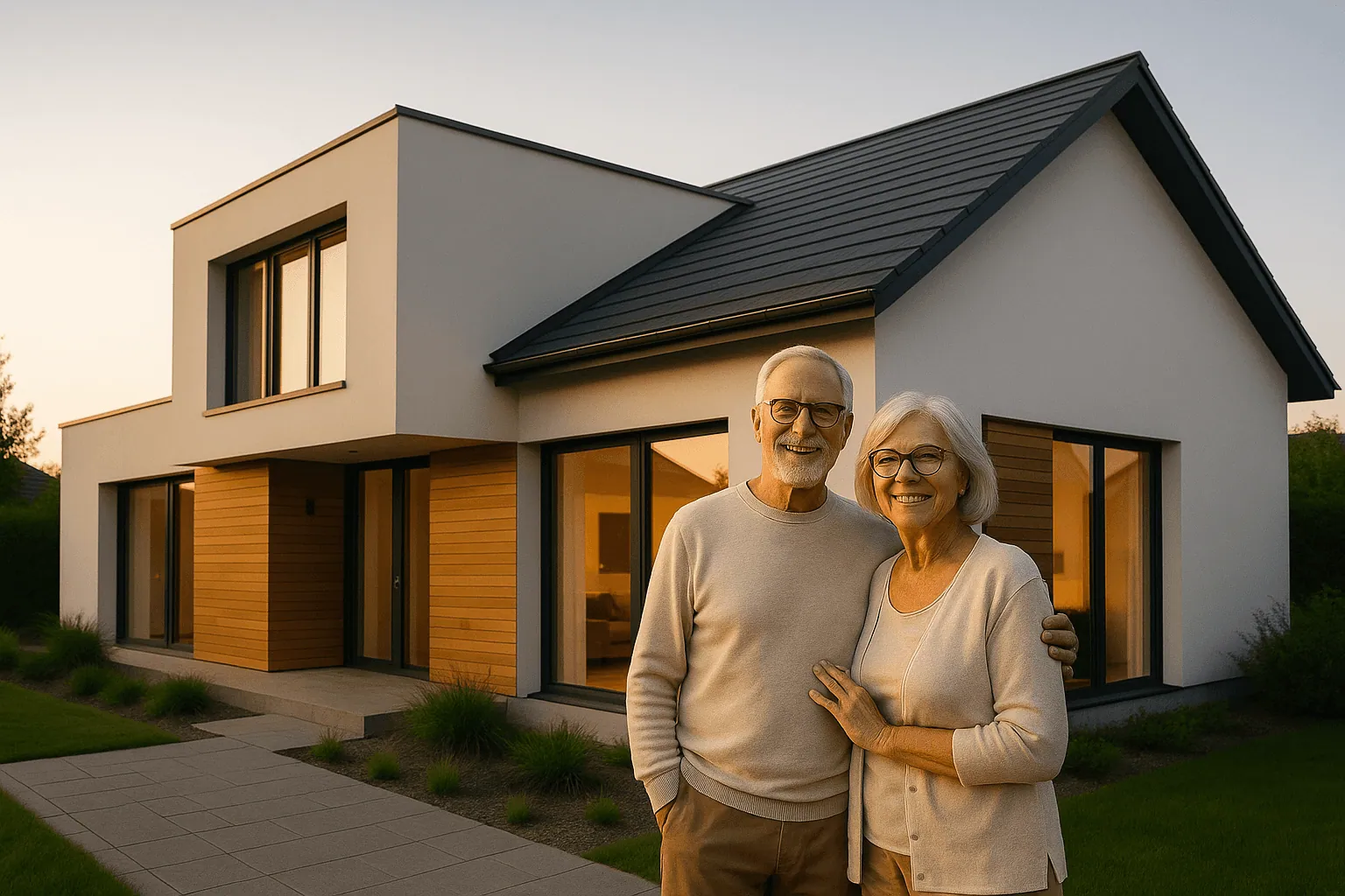 Couple senior souriant devant leur maison rénovée par ISOCALL